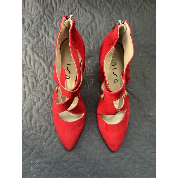 Unisa Unhanna Red Suede Crisscross Zip Back High Heel Pump SZ8.5M Glam Chic Cute - Picture 1 of 12